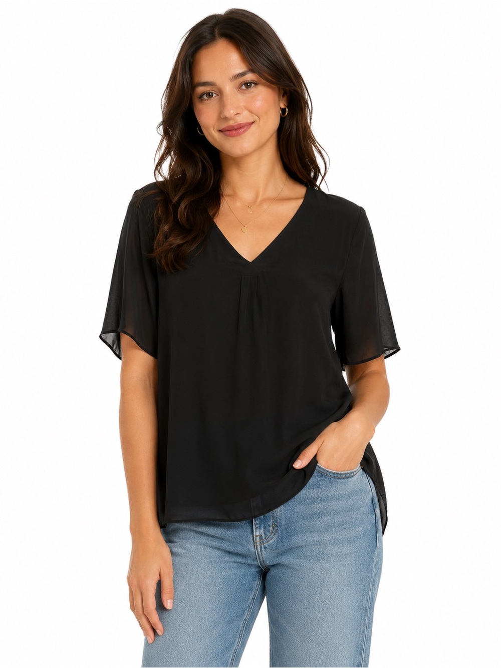 Kaari Blue Black V-Neck Flutter Sleeve Blouse - 0496